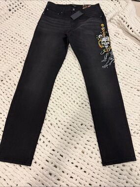 Ed Hardy Black Straight-Leg Jeans with Colorful Skull & Snake Embroidery